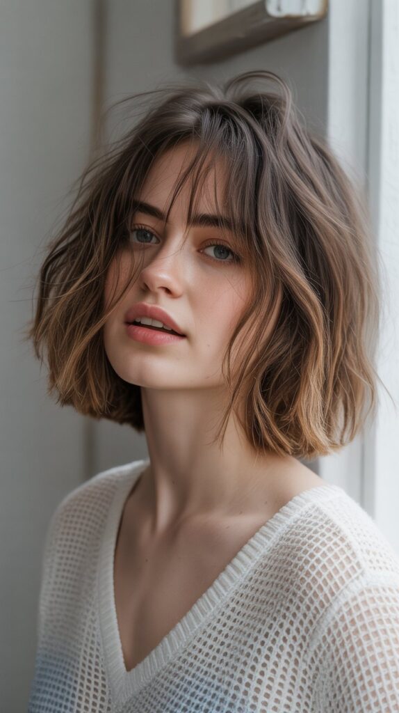 Tousled Long Bob with Messy Curtain Bangs