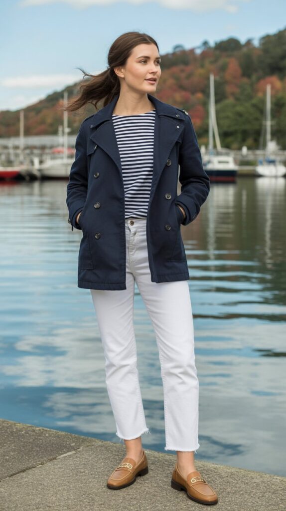 30 Best Casual Fall Outfits for Women 2025 25 Peacoat with Striped Shirt and White Jeans