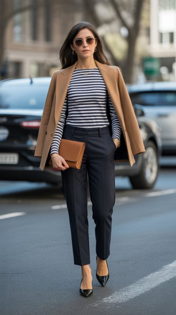 33 Best Casual Fall Outfits for Women at Work 15 Striped Top with Blazer and Trousers