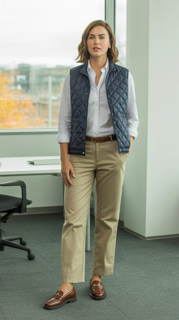 33 Best Casual Fall Outfits for Women at Work 9 Quilted Vest over Button-Down and Chinos