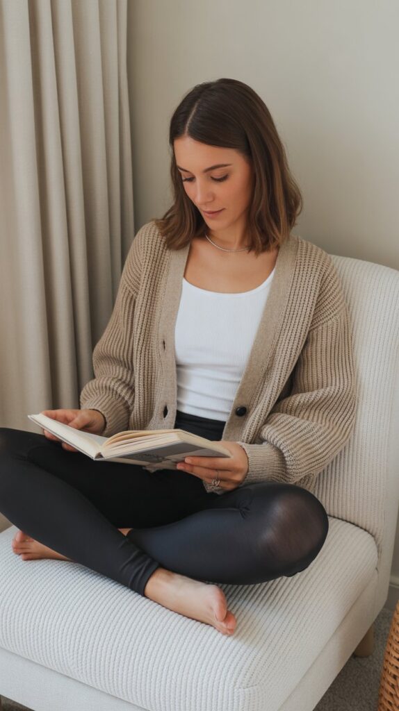 25 Modern DTI Outfits for the Self Care Sunday Vibe 17 Knit Cardigan and Camisole with Leggings