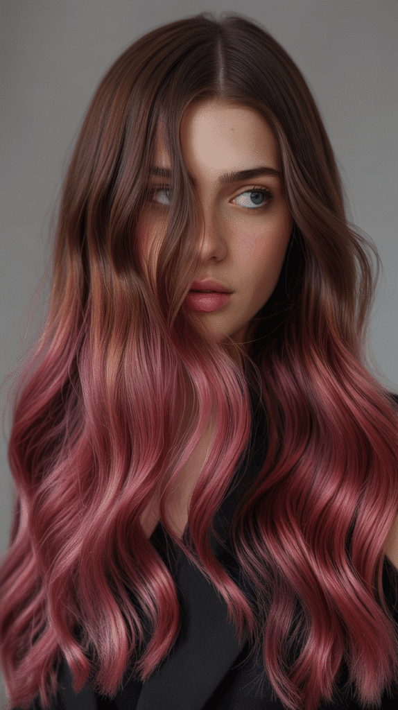 30+ Stunning Burgundy Hair Color Ideas That Will Turn Heads 3 Dark brown to black hair with strategic burgundy highlights, face-framing pieces, sleek styling, indoor studio lighting showing color contrast, professional beauty photography