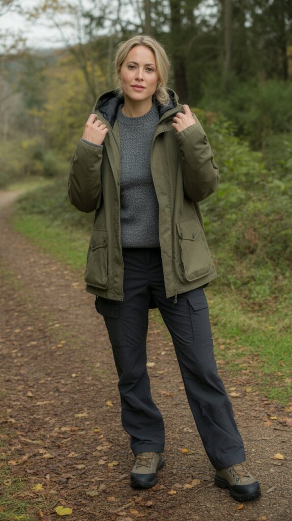 30 Best Casual Fall Outfits for Women 2025 23 Parka with Sweater and Cargo Pants