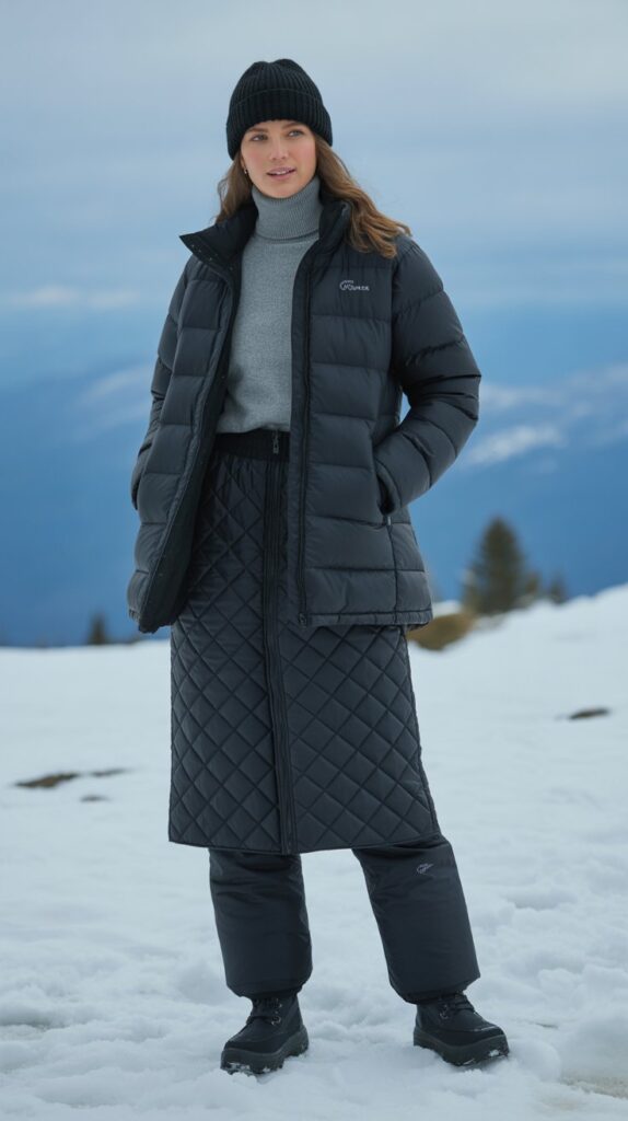 20 Stylish Winter Skirt Outfits for Women That Are Warm Yet Trendy 11 Quilted Skirt with Turtleneck and Snow Boots