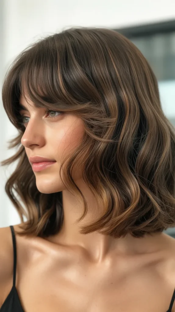 Layered Long Bob with Curtain Bangs for Wavy Hair