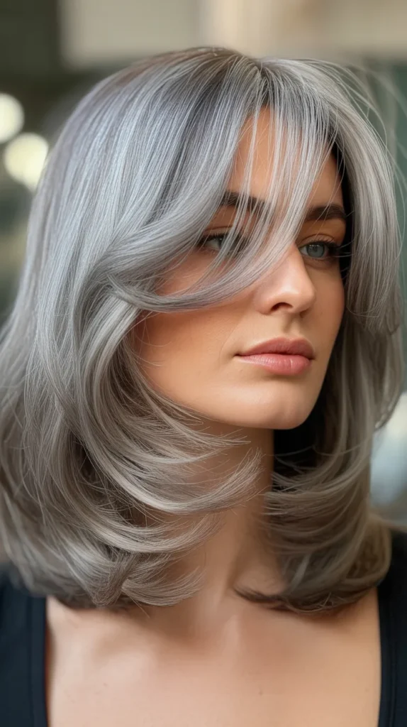 Long Bob with Curtain Bangs and Natural Gray or Silver