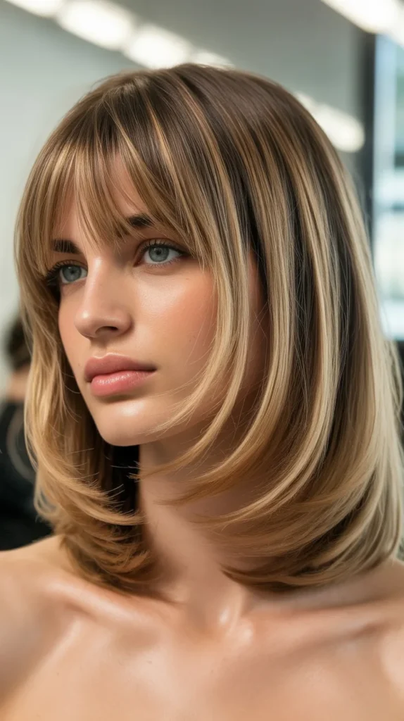 Long Bob with Layered Bangs and Highlights