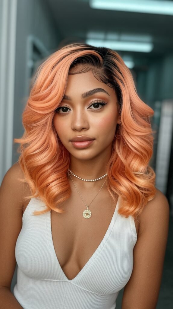 Peach Ombre Loose Curls Side Part
