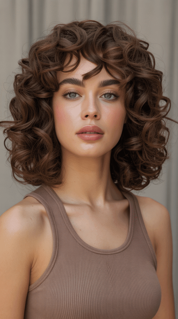 Long Bob with Curtain Bangs and Defined Curl Pattern