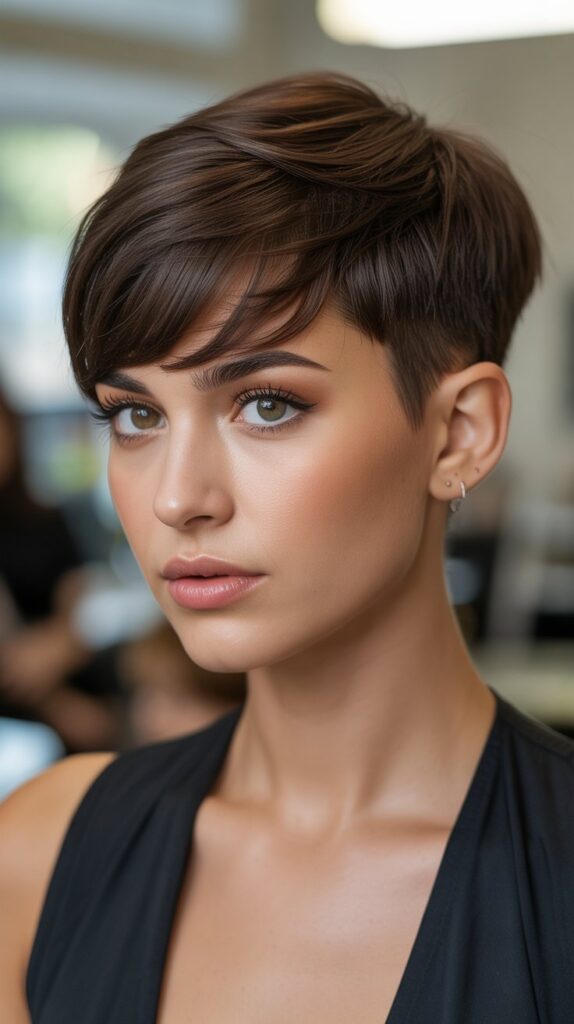 Top 30+ Expert Approved Hairstyles for Thin Hair and Round Faces 17 Tapered Pixie with Long Fringe