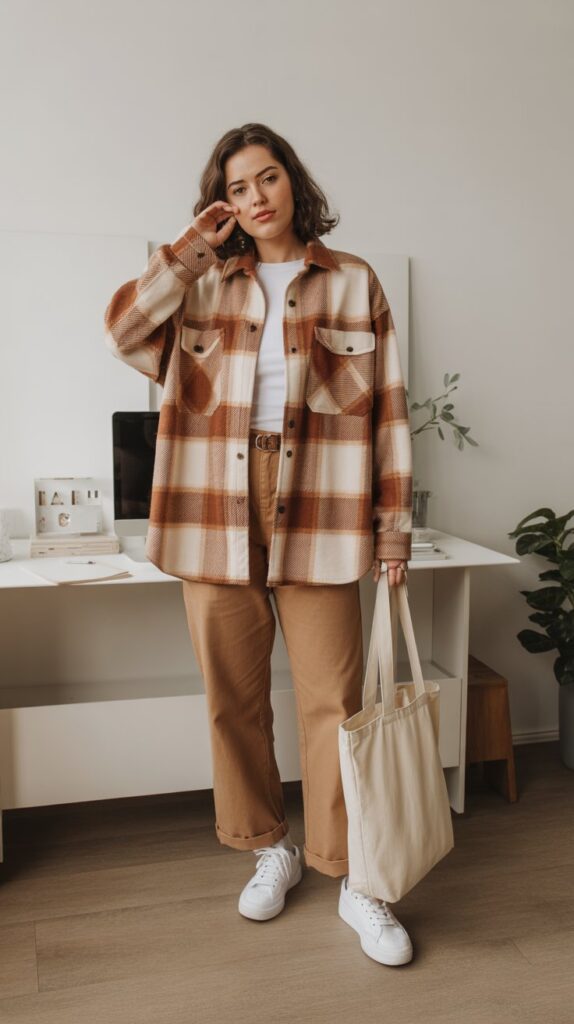 33 Best Casual Fall Outfits for Women at Work 32 Shacket with Tee and Trousers