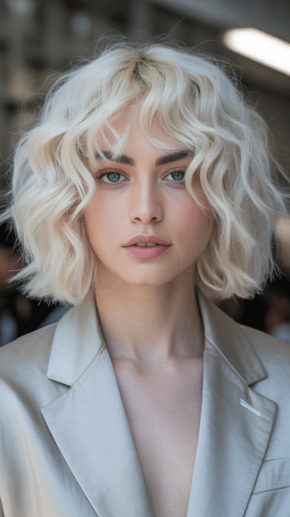 Long Bob with Curtain Bangs and Platinum Blonde