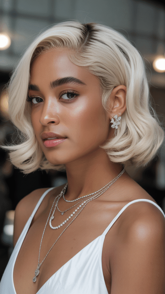 Platinum Blonde Low Chignon with Face-Framing Pieces