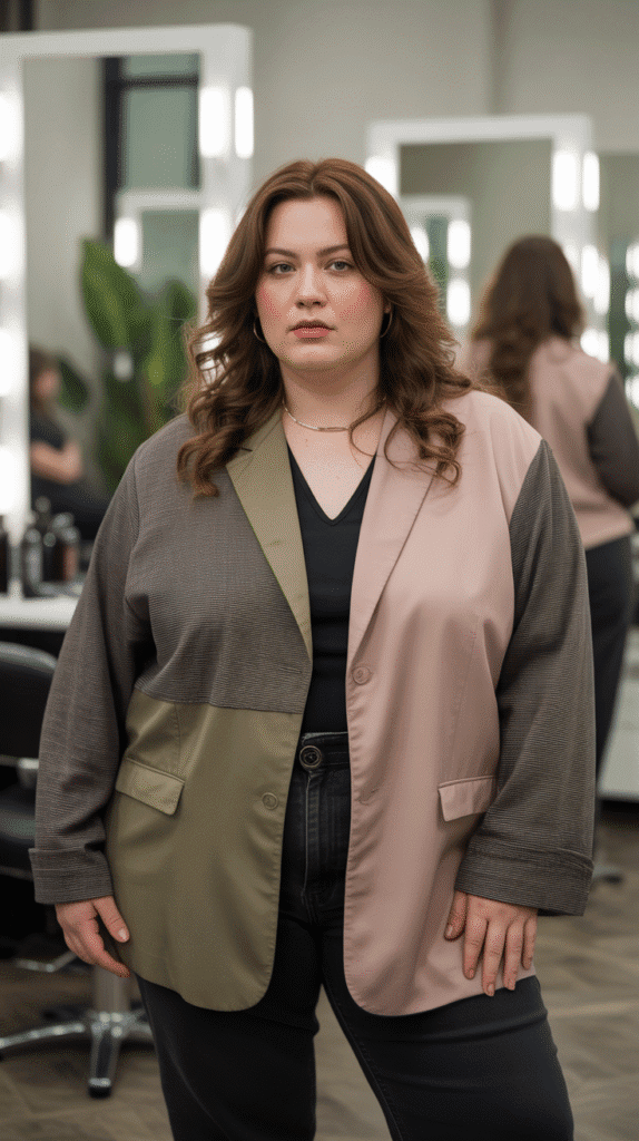 32 Flattering Plus-Size Hairstylist Outfits for Work 21 Textured Fabric Combinations