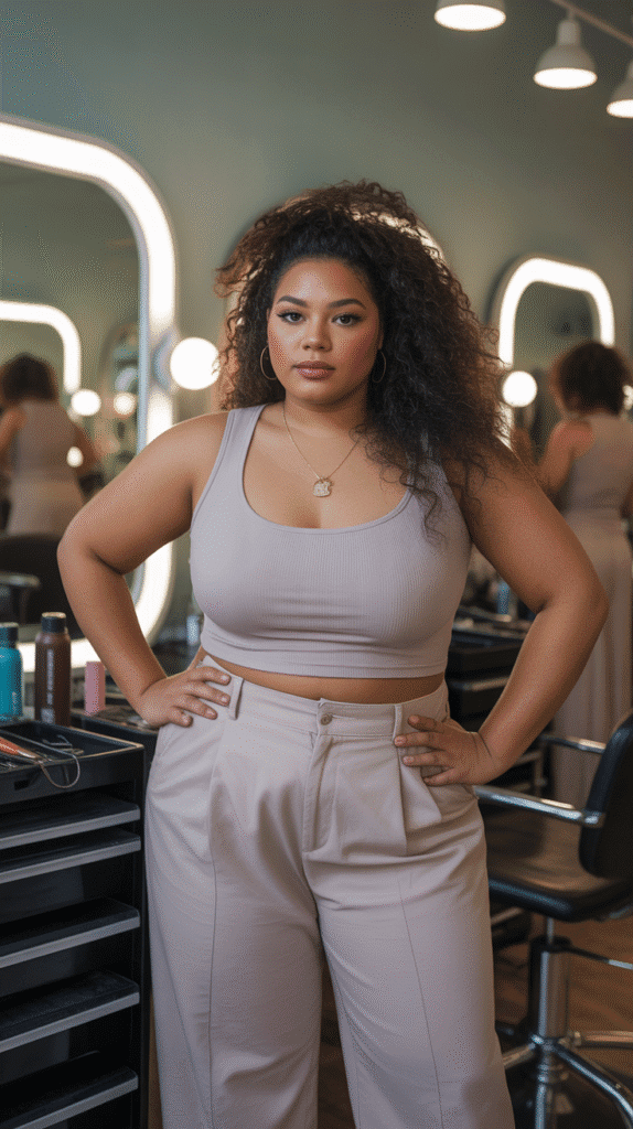 32 Flattering Plus-Size Hairstylist Outfits for Work 8 High-Waisted Pant Outfits