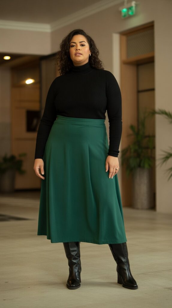 28 Trendy Plus-Size Winter Outfits for Women to Rock This Season 6 Midi Skirt with Sweater and Tall Boots Combination
