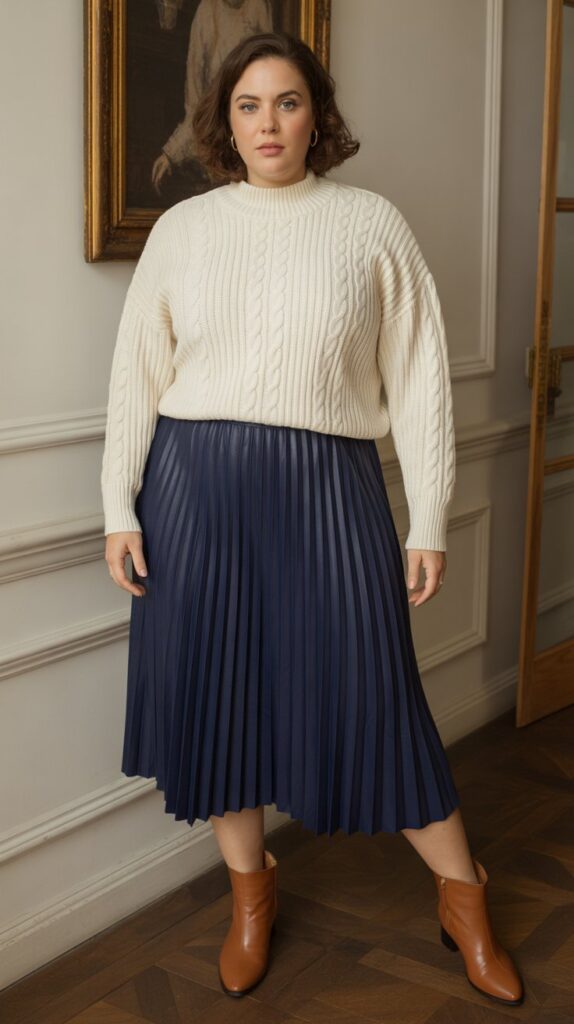 28 Trendy Plus-Size Winter Outfits for Women to Rock This Season 23 Cable Knit Sweater with Pleated Skirt