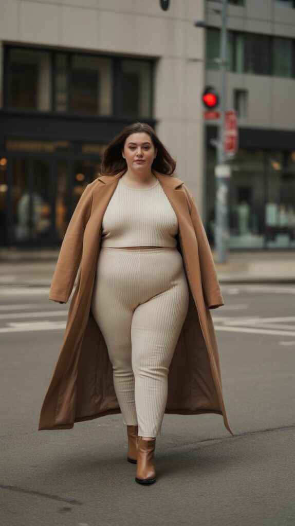 28 Trendy Plus-Size Winter Outfits for Women to Rock This Season 27 Ribbed Matching Set with Long Coat