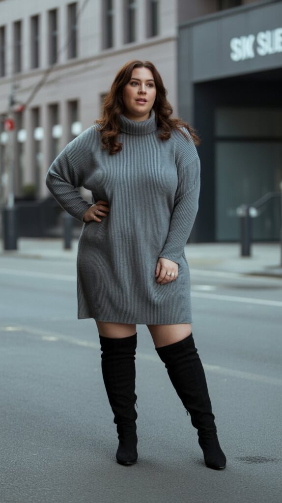 28 Trendy Plus-Size Winter Outfits for Women to Rock This Season 9 . Chunky Knit Sweater Dress with Over-the-Knee Boots
