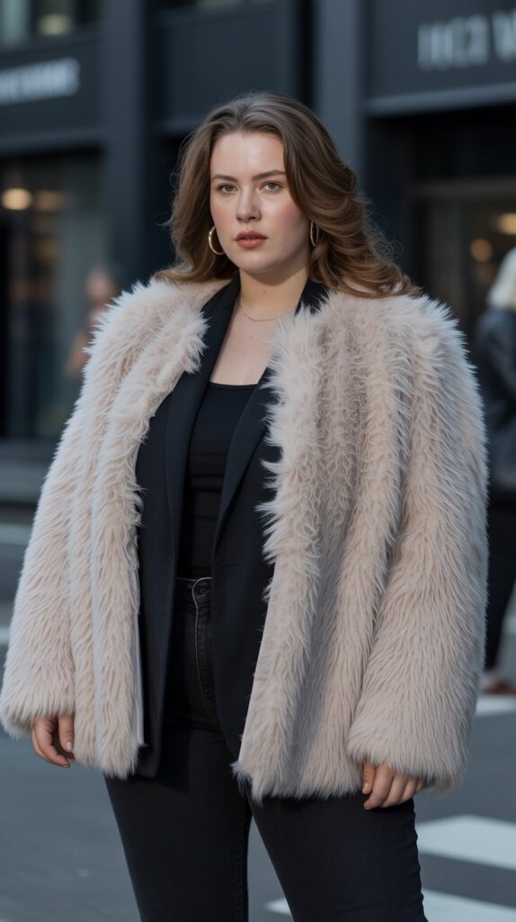28 Trendy Plus-Size Winter Outfits for Women to Rock This Season 12 Faux Fur Jacket with All-Black Base