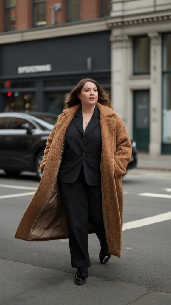 28 Trendy Plus-Size Winter Outfits for Women to Rock This Season 15 Teddy Coat with Monochrome Outfit