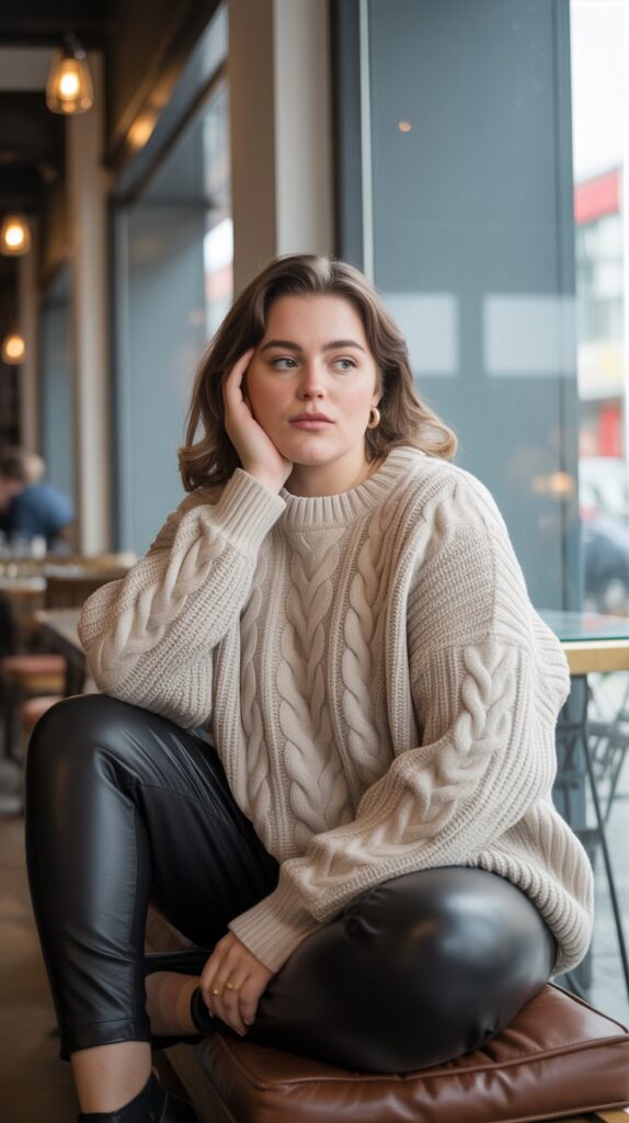 28 Trendy Plus-Size Winter Outfits for Women to Rock This Season 2 Oversized Sweater with Leather Leggings Look