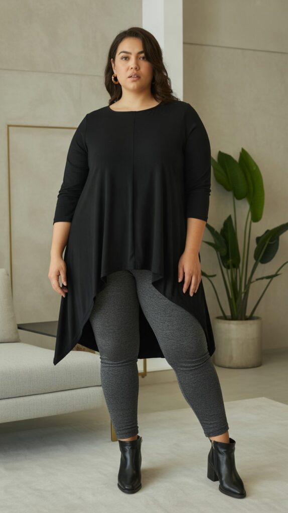 28 Trendy Plus-Size Winter Outfits for Women to Rock This Season 26 Asymmetric Hem Tunic with Leggings