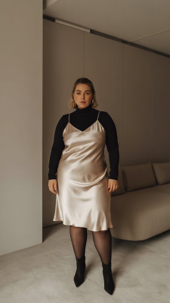 28 Trendy Plus-Size Winter Outfits for Women to Rock This Season 11 Turtleneck Under Slip Dress Styling