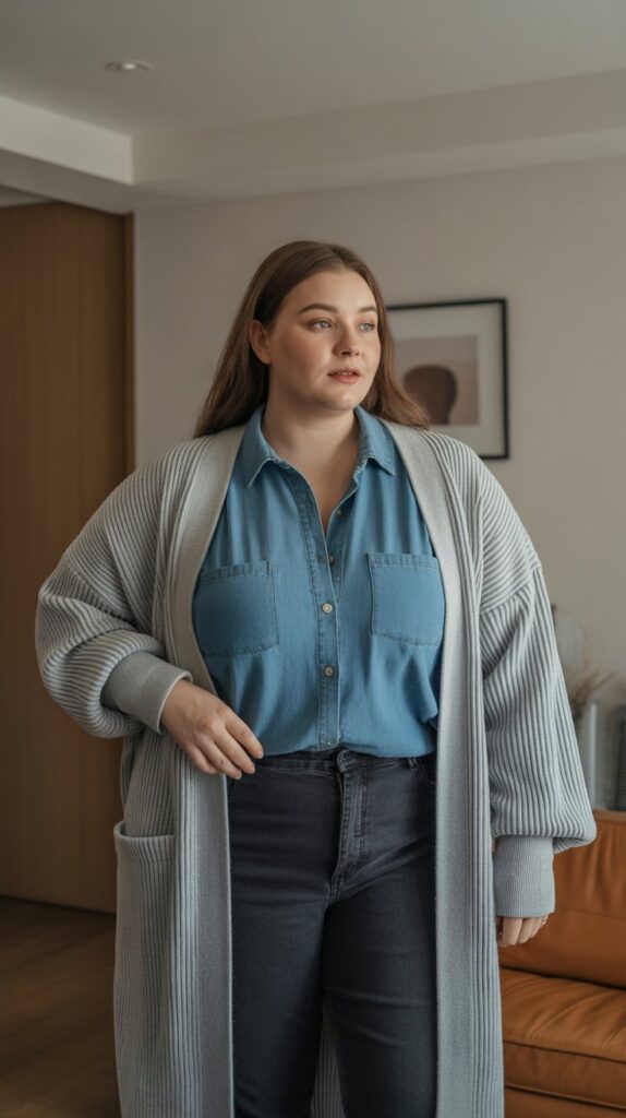 28 Trendy Plus-Size Winter Outfits for Women to Rock This Season 7 Layered Denim Look with Long Cardigan