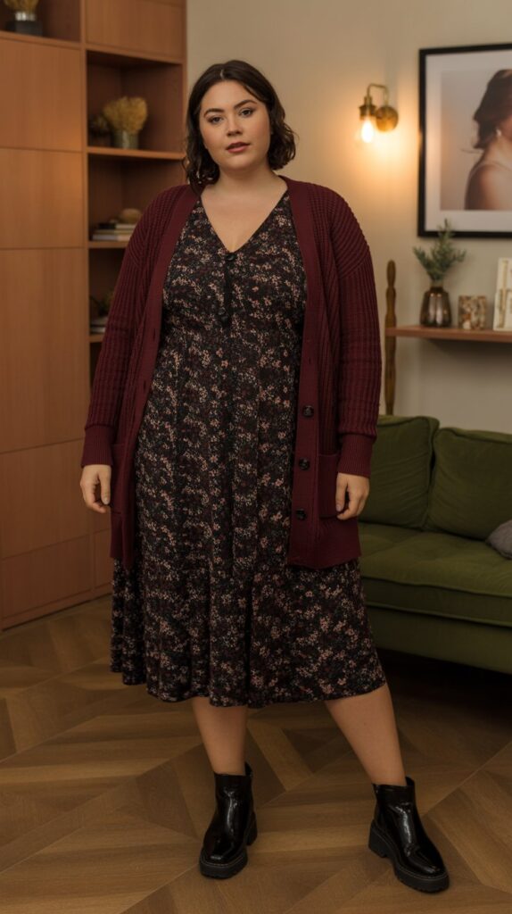 28 Trendy Plus-Size Winter Outfits for Women to Rock This Season 16 Printed Midi Dress with Cardigan and Boots