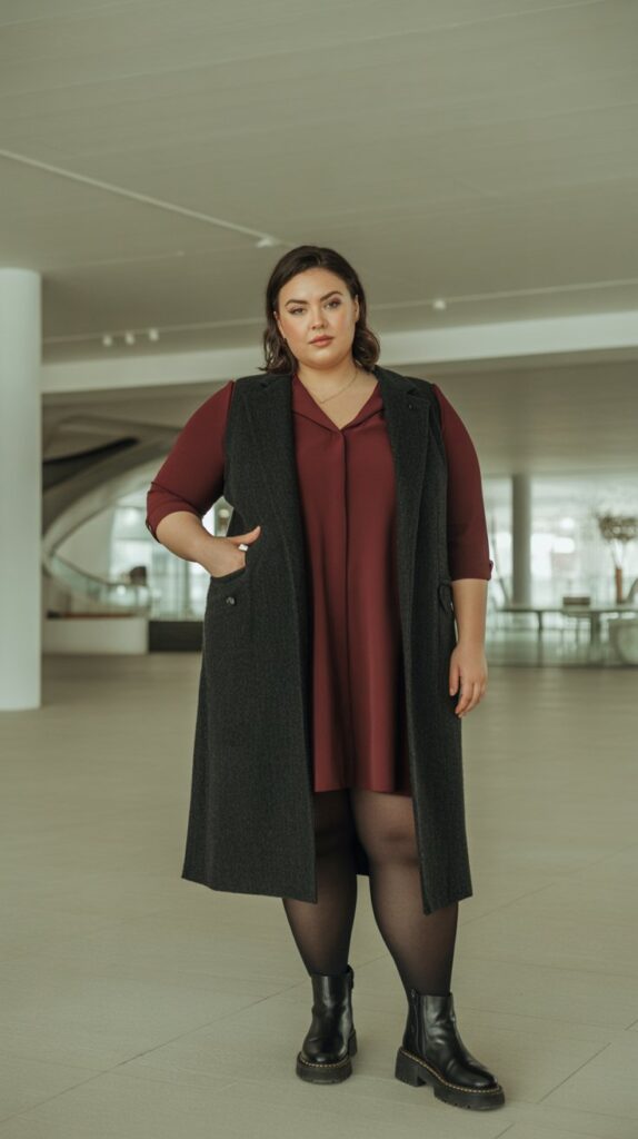 28 Trendy Plus-Size Winter Outfits for Women to Rock This Season 22 Long Vest Over Dress or Tunic