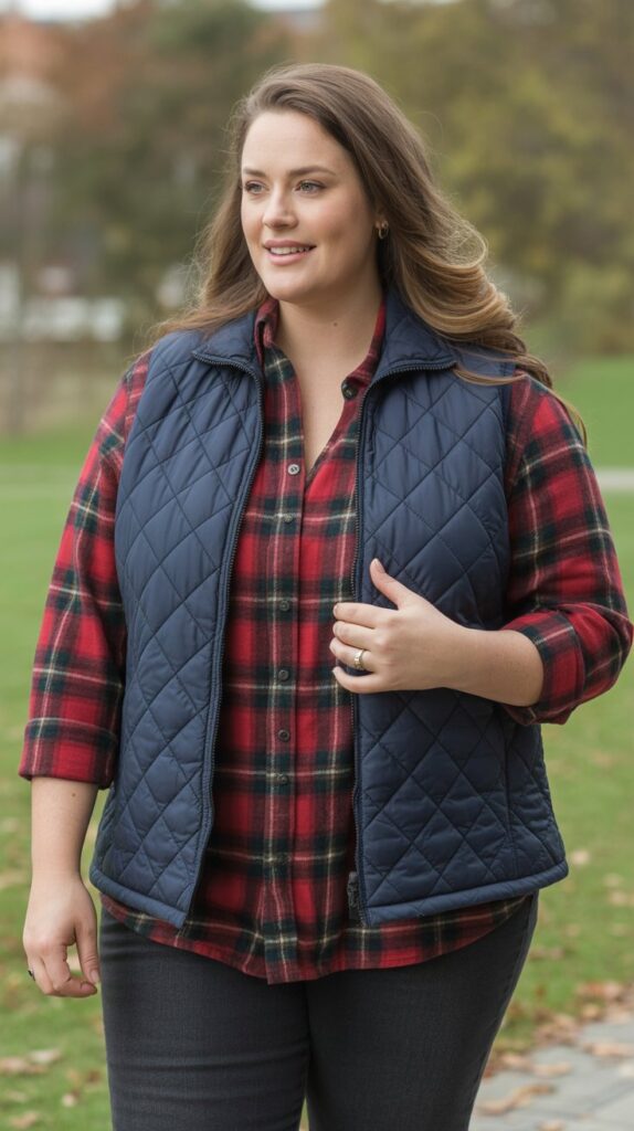 28 Trendy Plus-Size Winter Outfits for Women to Rock This Season 14 Quilted Vest Over Flannel and Jeans