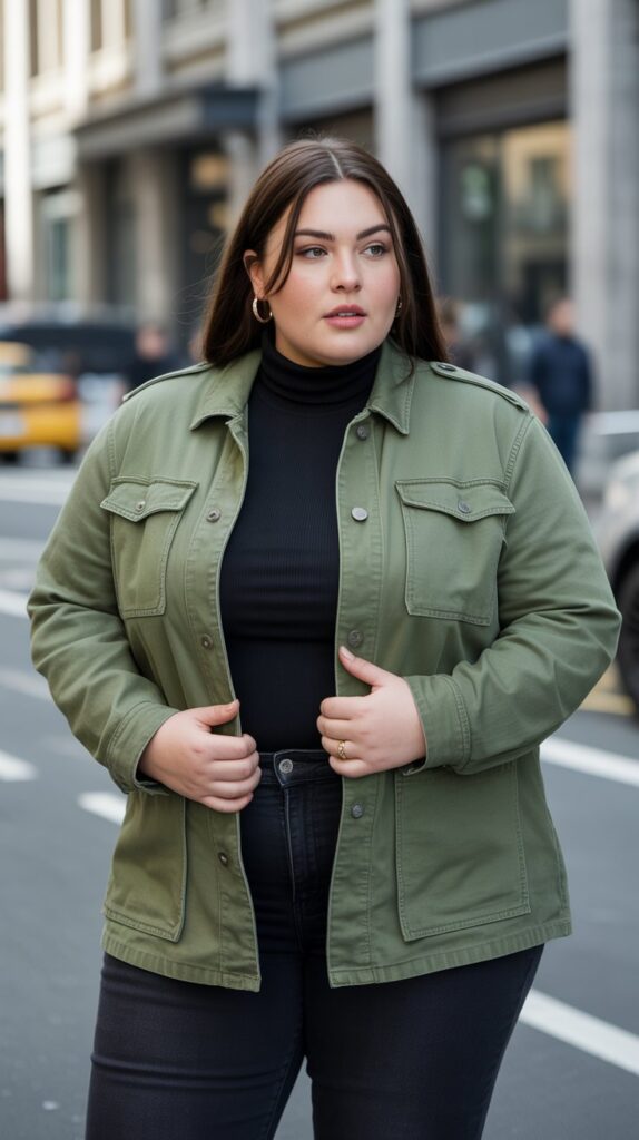 28 Trendy Plus-Size Winter Outfits for Women to Rock This Season 24 Military-Inspired Jacket with Fitted Basics