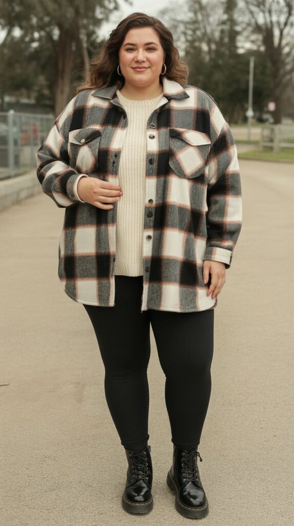 28 Trendy Plus-Size Winter Outfits for Women to Rock This Season 20 Shacket Over Sweater and Leggings