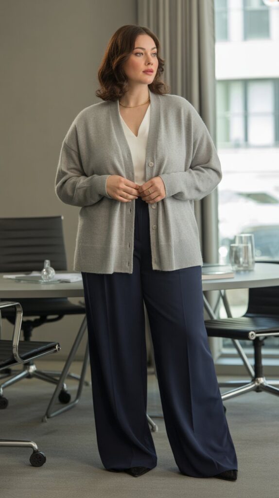 28 Trendy Plus-Size Winter Outfits for Women to Rock This Season 13 Cashmere Sweater Set with Wide-Leg Trousers