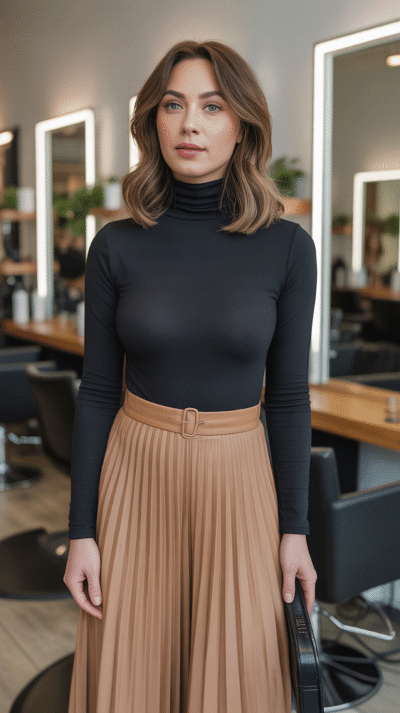 27 Stylish Hairstylist Outfits for Work in Winter 15 Turtleneck Bodysuit with Pleated Skirt