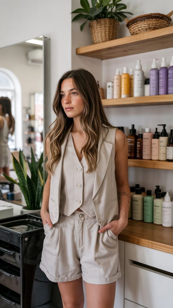 33 Polished Summer Hairstylist Outfits for Work 18 Linen Shorts with Matching Vest