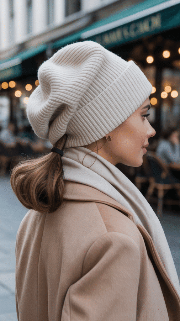33 Cozy Cute Winter Hairstyles with Beanies 33 Wrapped Low Ponytail with Oversized Beanie