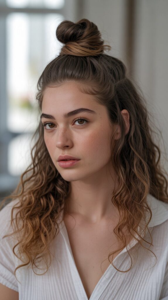 Transform Your Look: 25+ Stunning Curly Hairstyles For Round Faces 12 Half-Up Top Knot With Curly Length