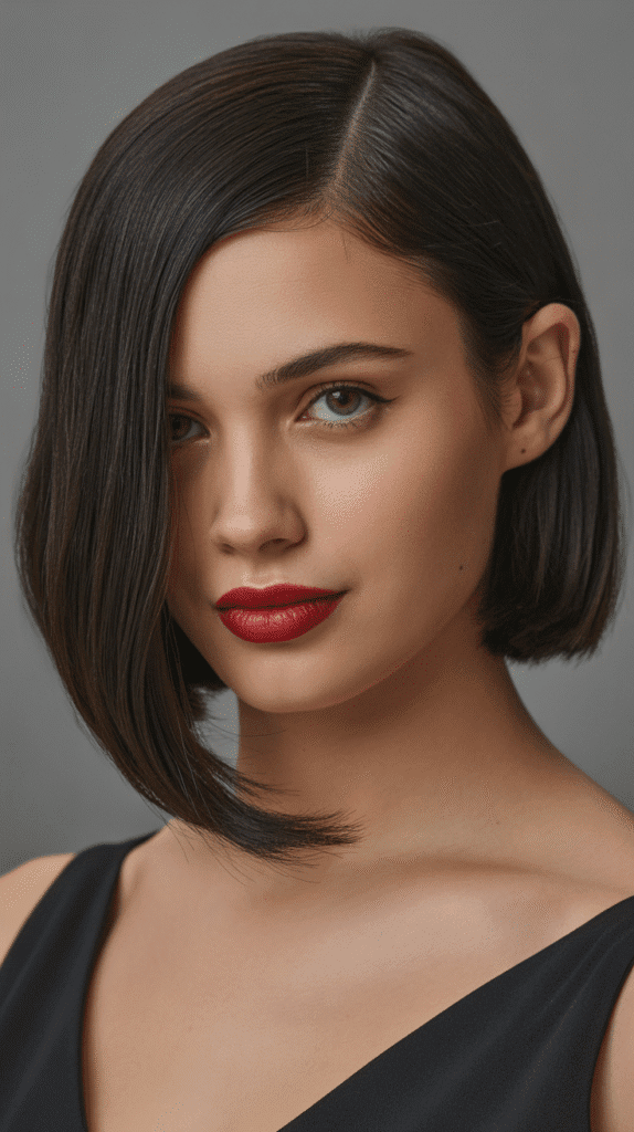 Top 30 Feminine Short Hair for Round Faces 23 Side-Parted Bob with One-Length