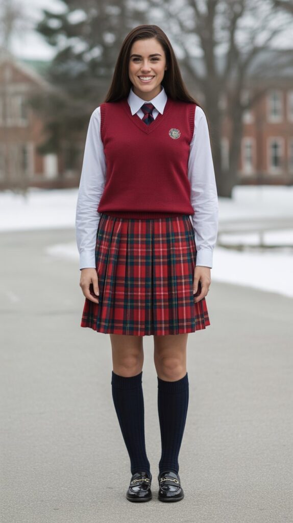 20 Stylish Winter Skirt Outfits for Women That Are Warm Yet Trendy 9 . Tartan Plaid Skirt with Sweater Vest