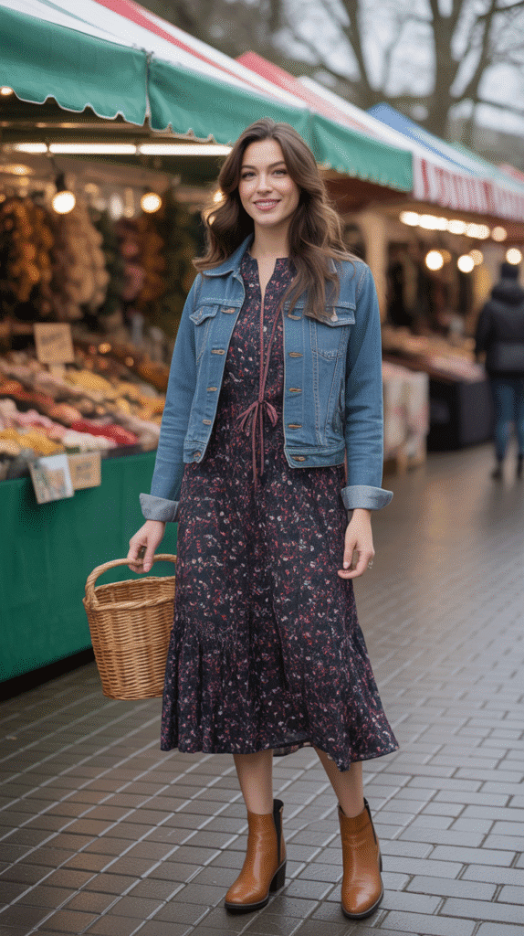 24 Elegant Winter Dress Outfits for Women for Every Occasion 22 Floral Midi Dress with Denim Jacket