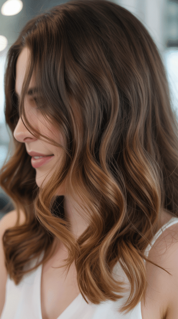  Classic Caramel Balayage on Medium Brown Waves
