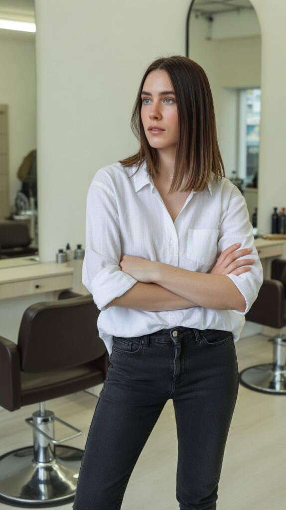 33 Chic Hairstylist Outfits for Work This Summer 1 Classic Black Skinny Jeans with White Linen Shirt