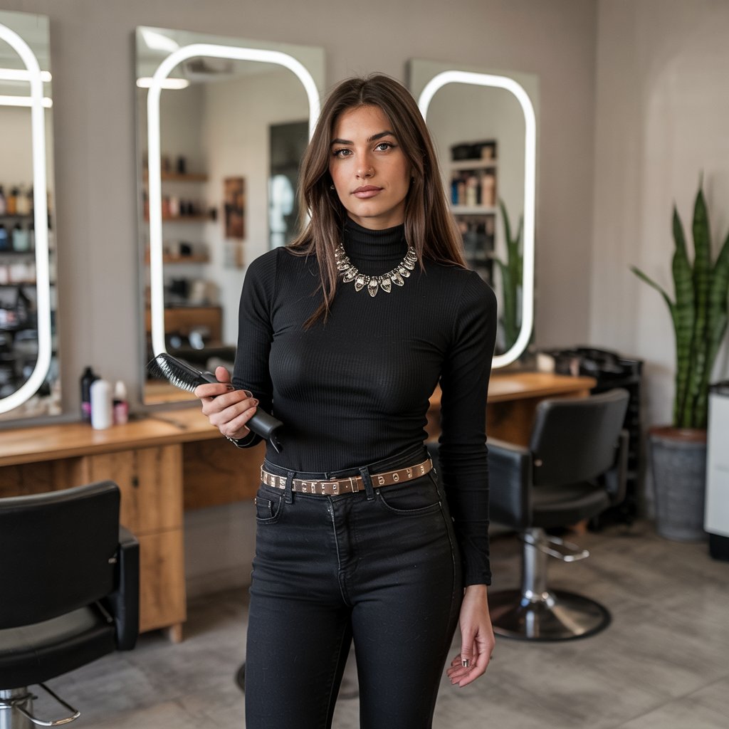 29 Professional Hairstylist Work Outfits for Women 1 Classic All-Black Ensemble with Statement Accessories