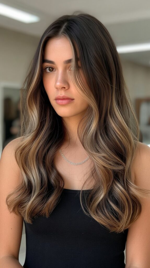 34 Trendy Brunette Balayage Hairstyles with a Money Piece 11 Dark Brunette with Bronde Money Piece