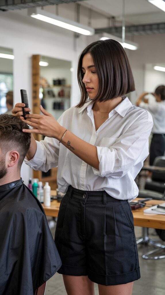 33 Polished Summer Hairstylist Outfits for Work 5 High-Waisted Shorts with Tucked Button-Down Shirt