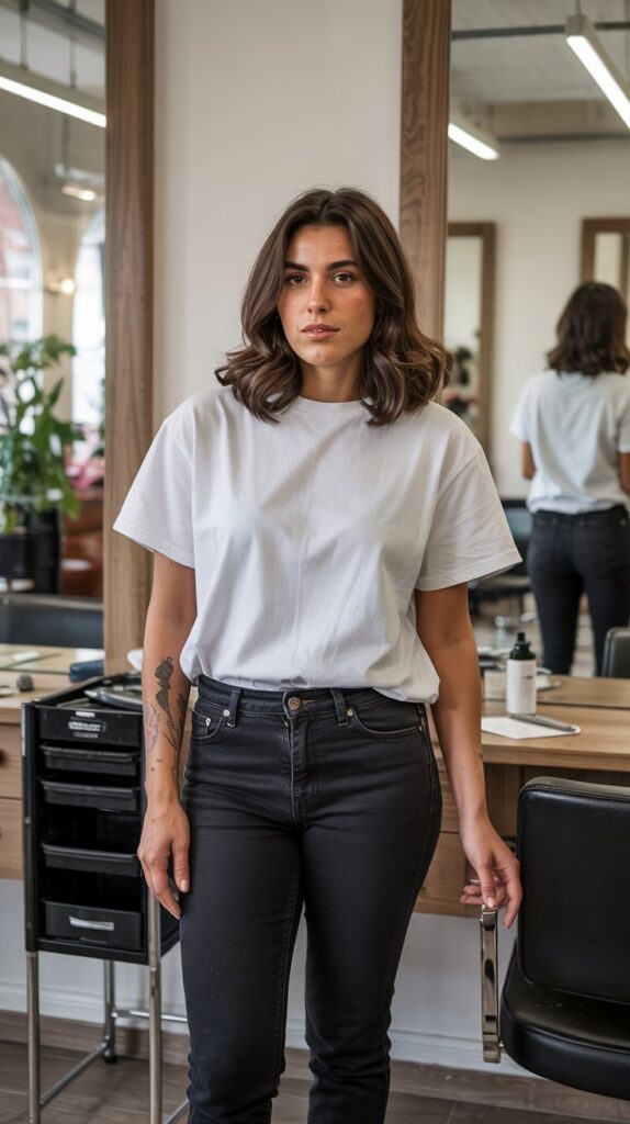 33 Polished Summer Hairstylist Outfits for Work 1 Classic Black Skinny Jeans with Breathable White Tee