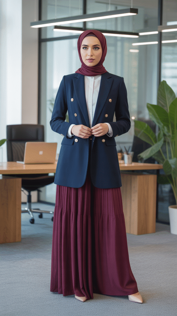 25 Modest Winter Outfits for Women with Hijab That Stay Fashionable 4 Longline Blazer with Maxi Skirt
