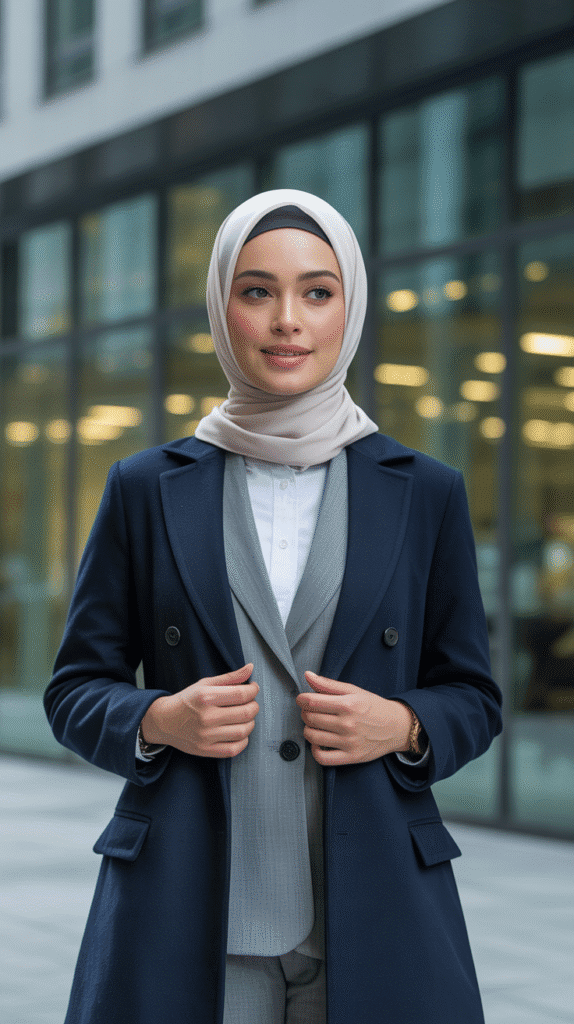 25 Modest Winter Outfits for Women with Hijab That Stay Fashionable 18 Wool Overcoat Over Suit-Style Separates